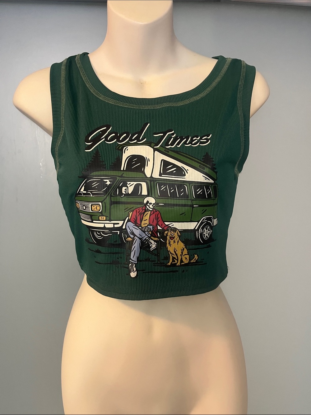 ROMWE Green 'Good Times' Graphic Ribbed Crop Tank